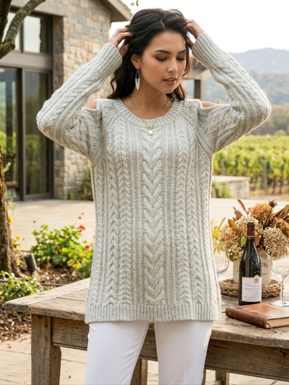 Soft Surroundings Cold Shoulder Cable Knit Sweater
